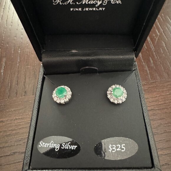 Emerald and Diamond Earrings Set in Sterling Silver - New in Box - Picture 4 of 4
